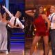 Jennifer Grey and Derek Hough perform an elegant Viennese waltz to “These Arms of Mine” on “Dancing” (left), Bristol Palin and Mark Ballas cha cha to “Mama Told Me (Not To Come)” (right)