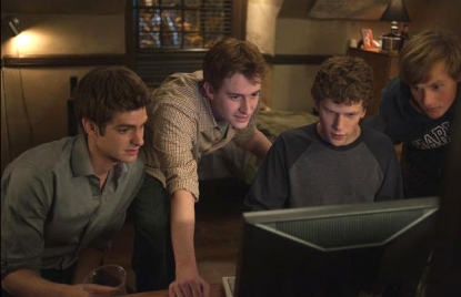 Andrew Garfield, Joseph Mazzello, Jesse Eisenberg and Patrick Maple in “The Social Network”