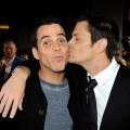 Steve O and Johnny Knoxville share a kiss at the premiere of  “Jackass 3D” at the Chinese Theater in Los Angeles on October 13, 2010