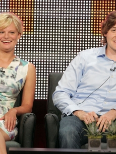 Martha Plimpton and Lucas Neff speak onstage during the “Raising Hope” panel for the FOX portion of the summer Television Critics Association press tour at the Beverly Hilton Hotel in Beverly Hills, California on August 2, 2010 