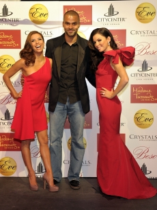 Eva Longoria Parker and Tony Parker pose with Madame Tussauds’ Eva Longoria Parker wax figure at Eve Nightclub at CityCenter in Las Vegas on October 13, 2010