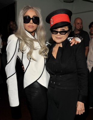 Lady Gaga and Yoko Ono pose backstage at the “We Are Plastic Ono Band” concert held at the Orpheum Theatre in Los Angeles on October 2, 2010 