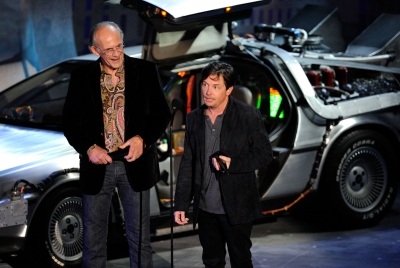 Christopher Lloyd and Michael J. Fox accept the Discretionary award onstage during Spike TV’s “SCREAM 2010” at The Greek Theatre in LA on October 16, 2010