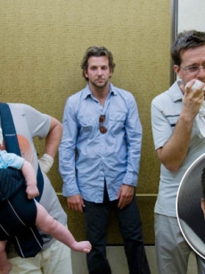 Zach Galifianakis, Bradley Cooper and Ed Helms in “The Hangover” (Inset: Mel Gibson)