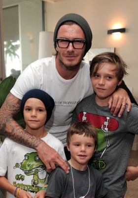 David Beckham with sons Cruz Beckham, Romeo Beckham and Brooklyn Beckham attend Kinect for Xbox 360 Launch Party held at a private residence in Beverly Hills on October 23, 2010  