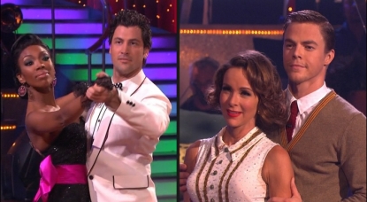 Brandy and Maksim Chmerkovskiy and Jennifer Grey with Derek Hough on “Dancing with the Stars’” TV theme week, LA, Oct. 18, 2010