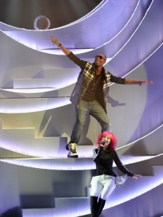 Paramore’s Hayley Williams and B.O.B. perform on stage during the MTV Europe Music Awards 2010 live show at La Caja Magica in Madrid, Spain, on November 7, 2010  