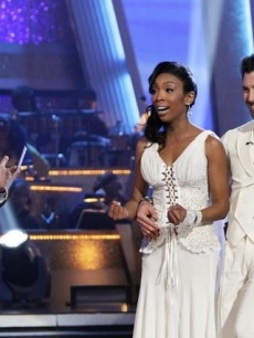 Brandy and Maks react as they’re complimented by the judges on “Dancing,” Nov. 8, 2010