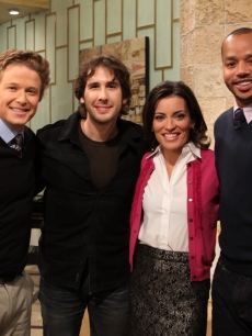   Josh Groban and Donald Faison pose for a picture with Billy Bush and Kit Hoover on Access Hollywood Live on November 12, 2010