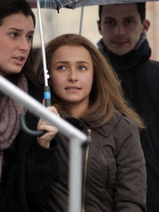 Hayden Panettiere is pictured on set while filming “The Amanda Knox Story” in Rome, Italy, on November 18, 2010 
