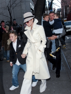 Brooklyn Beckham, Victoria Beckham, Romeo Beckham, David Beckham & Cruz Beckham enter Dylan’s Candy Bar on November 28, 2008 in New York City. 