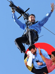 Hugh Jackman makes his aerial entrance on a flying-fox (zipline) from the roof of the Opera House during the filming of “The Oprah Winfrey Show” at the Sydney Opera House on December 14, 2010, also seen with Oprah Winfrey following accidentHugh Jackman makes his aerial entrance on a flying-fox (zipline) from the roof of the Opera House during the filming of “The Oprah Winfrey Show” at the Sydney Opera House on December 14, 2010, also seen with Oprah Winfrey following accident