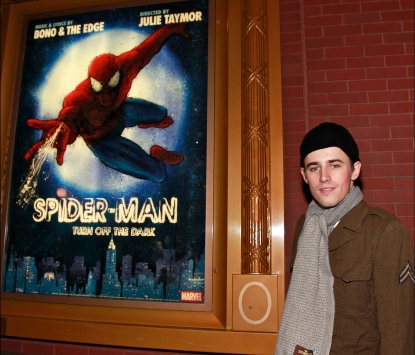 Reeve Carney leaves the theater after the opening night preview of “Spider-Man: Turn Off the Dark” at the Foxwoods Theater in New York City on November 28, 2010