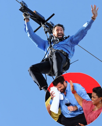 Hugh Jackman makes his aerial entrance on a flying-fox (zipline) from the roof of the Opera House during the filming of “The Oprah Winfrey Show” at the Sydney Opera House on December 14, 2010, also seen with Oprah Winfrey following accidentHugh Jackman makes his aerial entrance on a flying-fox (zipline) from the roof of the Opera House during the filming of “The Oprah Winfrey Show” at the Sydney Opera House on December 14, 2010, also seen with Oprah Winfrey following accident
