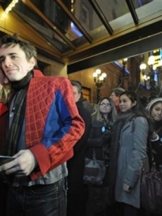 Reeve Carney of “Spider-Man: Turn Off The Dark” poses for photos with fans outside of the Foxwoods Theater in NYC