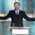 Host Ricky Gervais speaks onstage during the Golden Globes at the Beverly Hilton International Ballroom in Beverly Hills on January 16, 2011