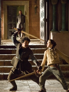Sean Bean as Ned Stark, Miltos Yeromelou as Syrio Forel and Maisie Williams as Arya Stark in “Game of Thrones,” 2011