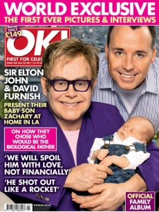 Elton John and David Furnish on the cover of OK magazine with son Zachary, Jan. 2011
