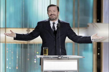 Host Ricky Gervais speaks onstage during the Golden Globes at the Beverly Hilton International Ballroom in Beverly Hills on January 16, 2011