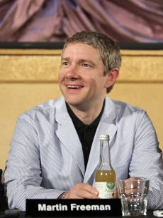 Martin Freeman who plays Bilbo in the movie, speaks to the media alongside co-star Richard Armitage (right) during a press conference for “The Hobbit: Part 1” at the Park Road Post Production Centre, Wellington, New Zealand, February 11, 2011