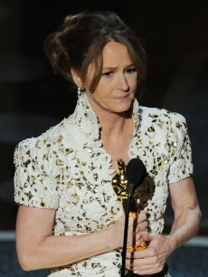 An emotional Melissa Leo accepts the award for Best Actress in a Supporting Role for “The Fighter” onstage during the 83rd Annual Academy Awards held at the Kodak Theatre  in Hollywood, Calif., on February 27, 2011