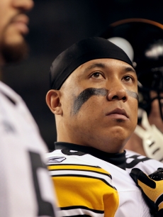 Hines Ward of the Pittsburgh Steelers looks on during the captain’s meeting and coin flip against the Green Bay Packers during Super Bowl XLV at Cowboys Stadium, Arlington, Texas, February 6, 2011