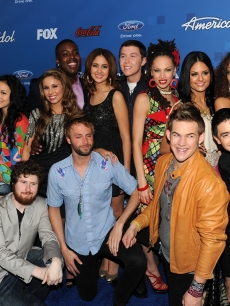 “American Idol” Top 13 Finalists Lauren Alaina, Thia Megia, Haley Reinhart, Jacob Lusk, Karen Rodriguez, Scotty McCreery, Naima Adedapo, Pia Toscano, Ashthon Jones, Casey Abrams, Paul McDonald, James Durbin, and Stefano Langone attend FOX’s “American Idol” Finalist Party in Los Angeles, Calif., on March 3, 2011
