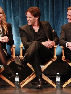 Anna Paquin, Stephen Moyer and Alexander Skarsgard sit on stage at PaleyFest 2011 presents “True Blood” at the Saban Theatre, Beverly Hills, on March 5, 2011