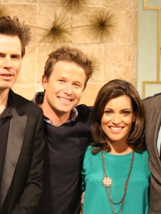 John Taylor and Simon Le Bon of Duran Duran pose with Billy Bush and Kit Hoover on the set of Access Hollywood Live on March 22, 2011