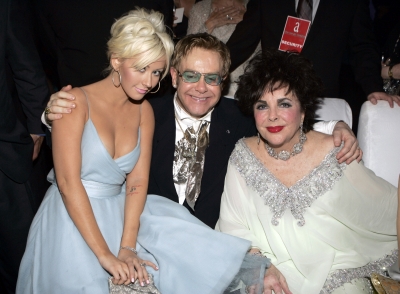 Christina Aguilera, Sir Elton John and Elizabeth Taylor in 2005
