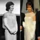 Jackie Kennedy at JFK’s 1961 Inaugural Ball/Katie Holmes in the Inaugural Ball scene of “The Kennedys”