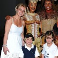 Britney Spears and her sons Jayden James and Sean Preston pose with Kissy Simmons, Derrick Willimas, Ntsepa Pitjeng and Niles Rivers of The Lion King at Mandalay Bay in Las Vegas on April 3, 2011 