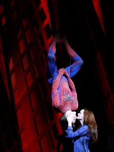Reeve Carney and Jennifer Damiano seen onstage during the “Spider-Man: Turn Off The Dark” original Broadway cast’s final preview performance at Foxwoods Theatre in New York City on April 17, 2011