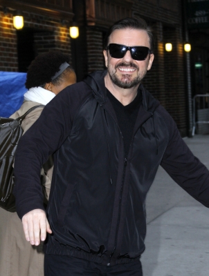Ricky Gervais leaves the “Late Show With David Letterman” at the Ed Sullivan Theater in New York City on April 12, 2011 