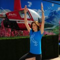 Tricia Helfer participates in virtual heli-yoga at Irvine Spectrum Center as part of Travel Alberta’s kick-off to the summer travel season, Tuesday, April 12, 2011
