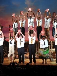 The cast of “The Book of Mormon” during the curtain call on the opening night of ‘The Book of Mormon’ on Broadway at Eugene O’Neill Theatre in New York City on March 24, 2011 