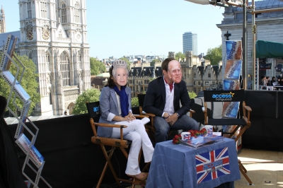 The Queen and Prince Philip, no wait, that’s Kit Hoover and Billy Bush, kick off Day 3 of Access Hollywood Live from London, April 27, 2011