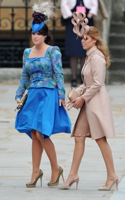 Princess Eugenie of York and Princess Beatrice of York arrive to attend the Royal Wedding of Prince William to Catherine Middleton at Westminster Abbey in London on April 29, 2011