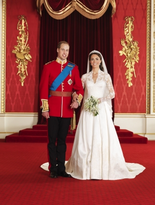 Prince William, Duke of Cambridge and Catherine, Duchess of Cambridge pose for an official photo in the throne room at Buckingham Palace in London, England, on April 29, 2011