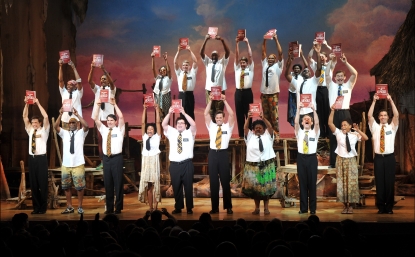The cast of “The Book of Mormon” during the curtain call on the opening night of ‘The Book of Mormon’ on Broadway at Eugene O’Neill Theatre in New York City on March 24, 2011 