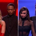 Chelsie Hightower and Romeo and Karina Smirnoff and Ralph Macchio await the results on “Dancing with the Stars,” May 10, 2011