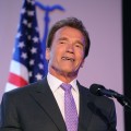 Arnold Schwarzenegger accepts an award at Skirball Cultural Center in Los Angeles on May 10, 2011 