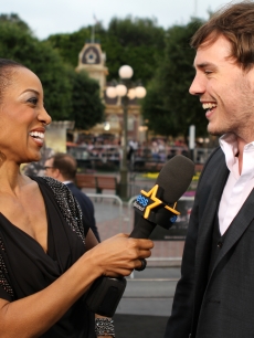 Access Hollywood’s Shaun Robinson and Sam Claflin at the “Pirates of the Caribbean: On Stranger Tides” premiere at Disneyland, Anaheim, Calif., May 7, 2011
