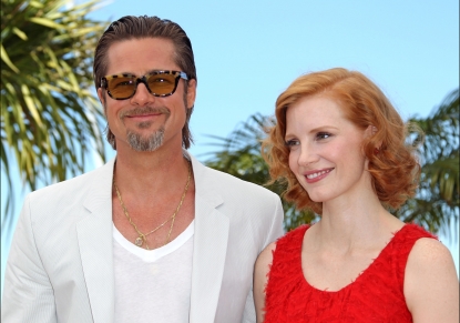 Brad Pitt and Jessica Chastain attend “The Tree Of Life” photocall during the 64th Annual Cannes Film Festival at Palais des Festivals in Cannes, France on May 16, 2011