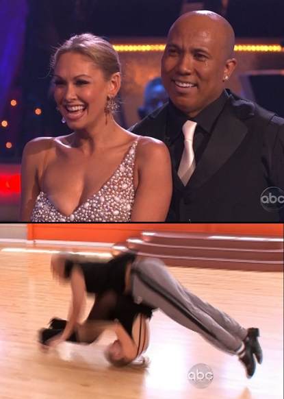 Kym Johnson and Hines Ward bounce back after injury on “Dancing with the Stars” (top); Kym & Hines at the moment she was injured in rehearsal (bottom), May 2011