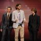 Jon Cryer, Ashton Kutcher and Angus T. Jones share a laugh at the CBS Upfront at Carnegie Hall in New York City on May 18, 2011
