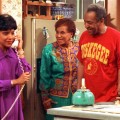 Phylicia Rashad, portraying Clair Huxtable, left, talks on the telephone while Clarice Taylor, portraying Anna Huxtable, center, and Bill Cosby, portraying Dr. Cliff Huxtable and Raven Symone portraying Olivia, right, look on in a scene from “The Cosby Show circa 1992.
