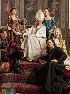 Aidan Alexander as Joffre Borgia, David Oakes as Juan Borgia Joanne Whalley as Vanozza dei Cattanei, Jeremy Irons as Rodrigo Borgia, Lotte Verbeek as Guilia Farnese, Francois Arnaud as Cesare Borgia, and Holliday Grainger as Lucrezia Borgia in “The Borgias,” Showtime, 2011