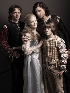 David Oakes as Juan Borgia, Holliday Grainger as Lucrezia Borgia, Francois Arnaud as Cesare Borgia, and Aidan Alexander as Joffre Borgia in “The Borgias”