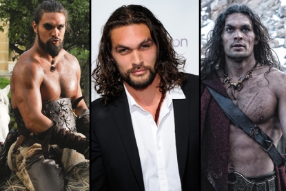 Jason Momoa as Khal Drogo (left) in “Game of Thrones,” on the red carpet in Las Vegas (center), and as Conan (right)

